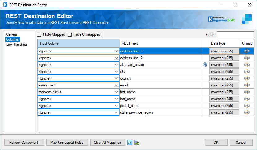 SendGrid Destination Component - Columns